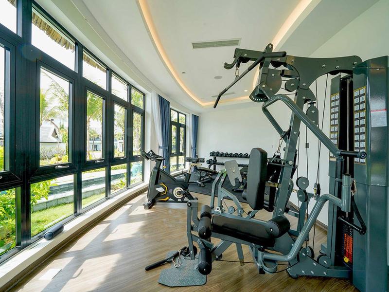 Moderne fitnessapparatuur in een lichte ruimte met grote ramen en uitzicht op groen.