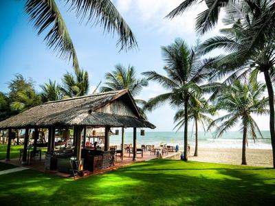 Open strandbar met rieten dak en palmbomen op zandstrand onder blauwe lucht.