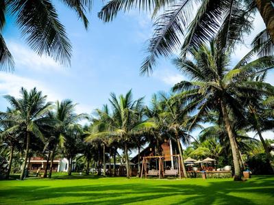Grüne Wiese mit hohen Palmen und kleinen Holzbungalows unter blauem Himmel.