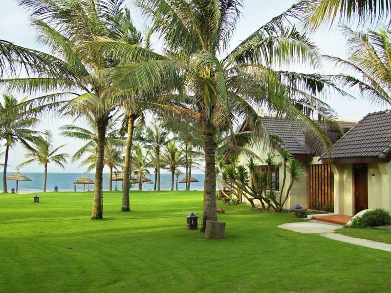 Groene tuin met palmbomen en zeezicht naast een vakantiewoning.