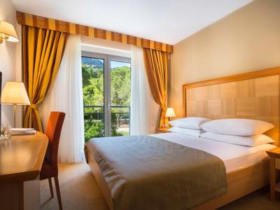 Bright hotel room with double bed, desk, TV, and view of green trees.