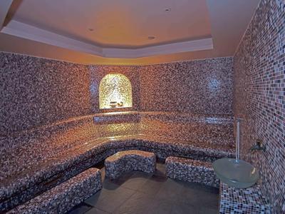Stoombad met mozaïektegels op muren en banken, verlicht nisraam