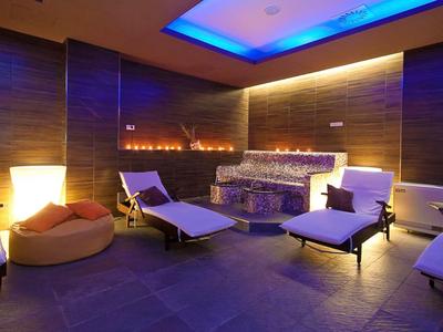 Gezellige wellnessruimte met open haard, schemerverlichting en comfortabele ligstoelen.