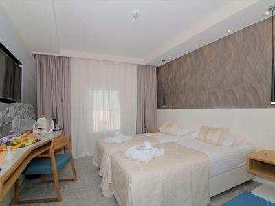 Camera d'hotel moderna con letto matrimoniale, scrivania, sedia e TV a parete.