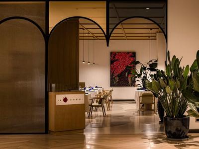 Moderner Innenraum mit Pflanzen, Holzmöbeln und einer halbtransparenten Trennwand.