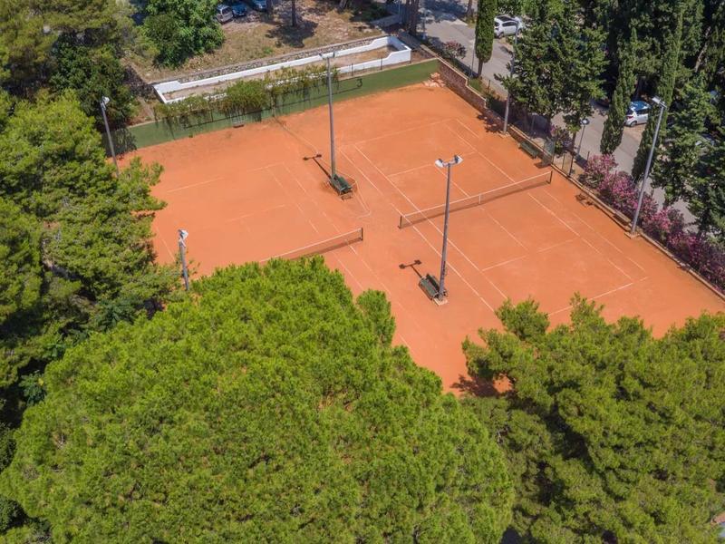 Empty tennis court with red clay surface, surrounded by trees and fence on a sunny day.