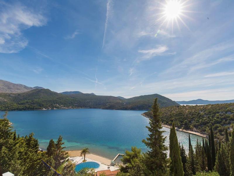 Clear sunny sky over a calm bay with green trees and mountains in the background.