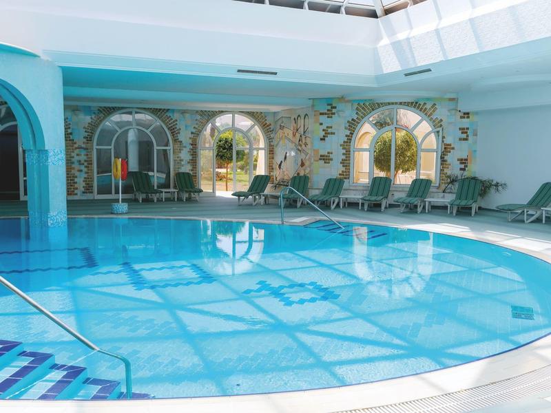 Overdekt zwembad met helder blauw water en ligstoelen onder dakramen.