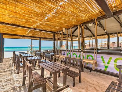 Gemütliche Strandbar mit Holztischen und Blick auf das Meer unter einem strohgedeckten Dach.