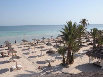 Strand mit Sonnenschirmen, Liegestühlen und Palmen am ruhigen Meer.