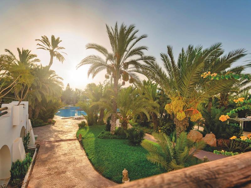Sonniger Gartenweg mit Palmen und Pool neben einem Hotelgebäude.