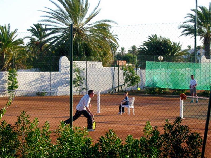 Tennisspieler auf rotem Sandplatz umgeben von Palmen und grünem Zaun im sonnigen Freien.