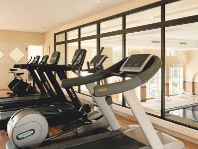 Interior of a gym with treadmills and a view of an indoor pool area.