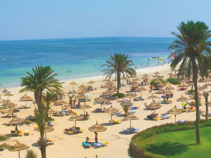 Ein sonniger Sandstrand mit Palmen und Liegestühlen am blauen Meer.