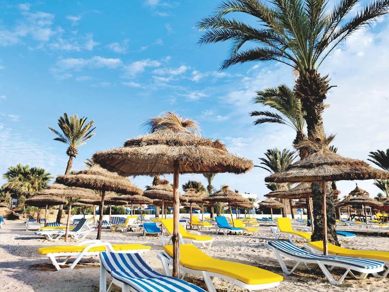 Plage avec parasols en paille et chaises longues sous un ciel bleu.