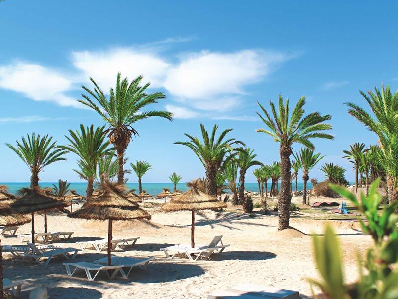 Plage de sable avec palmiers et paillotes sous ciel bleu et mer.