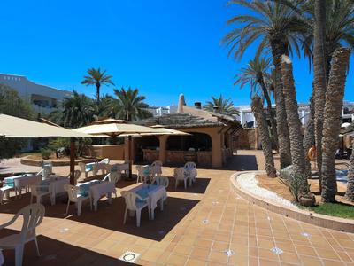 Area esterna con tavoli e sedie circondata da palme e ombrelloni sotto un cielo sereno.