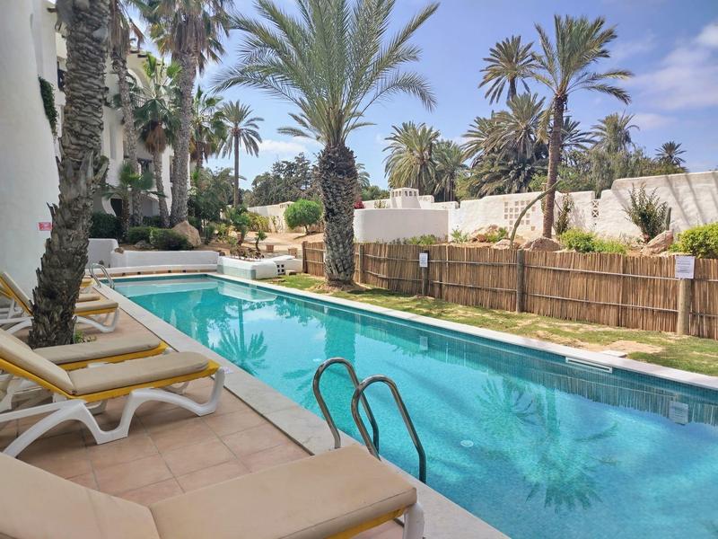 Basen na zewnątrz z leżakami i palmami na terenie hotelu