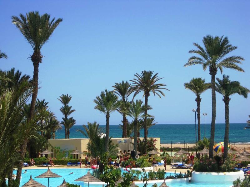Jardin d'hôtel avec piscine, palmiers et vue sur la mer bleue sous un ciel clair.