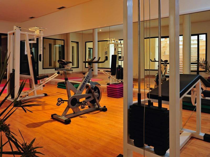 Palestra con attrezzature moderne, grandi specchi, pavimento in legno e piante nell'hotel.