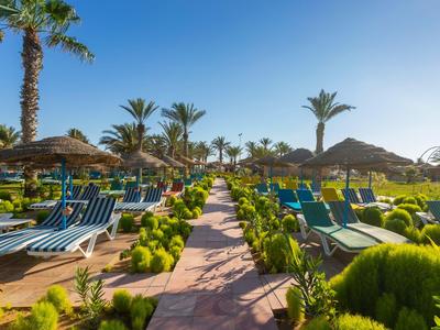 Poolbereich mit Liegestühlen und Palmen unter klarem blauem Himmel in einem Resort