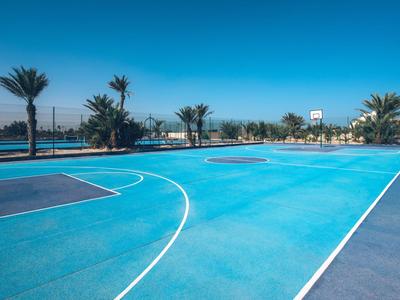 Blauer Basketballplatz im Freien mit Palmen und klarem Himmel im Hintergrund.