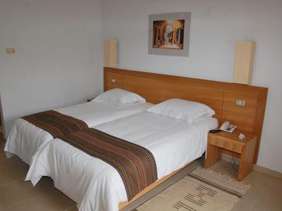 Bright hotel room with two single beds, wooden headboard, and bedside table with phone.