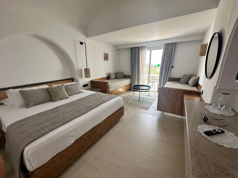 Modernes Schlafzimmer mit großem Bett, Holzmöbeln, Sofa, rundem Spiegel und Balkonzugang.