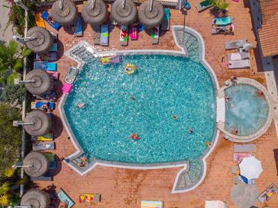 Luftaufnahme eines rechteckigen Pools mit runden Ecken, Sonnenliegen, Schirmen und Personen im Wasser.