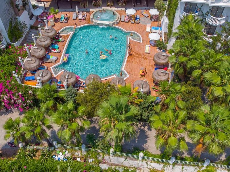 Blick auf einen großen Hotelpool mit Liegen, umgeben von Palmen und bunten Blumen.