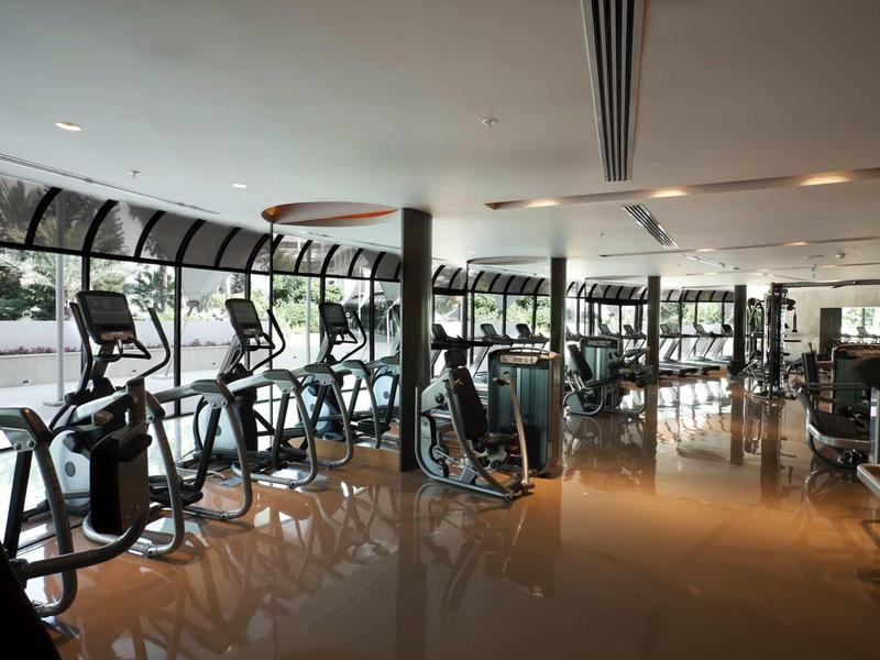 Amplio gimnasio moderno con varias máquinas de ejercicio y grandes ventanas con vista al exterior.
