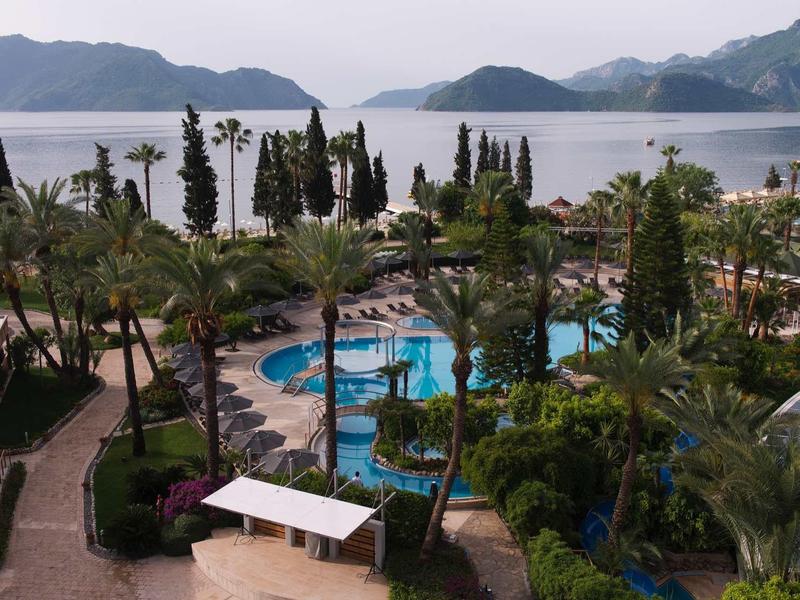 Vista de una piscina de hotel con palmeras y montañas al fondo junto al mar.