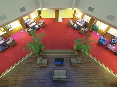 Großer Raum mit rotem Teppich, Sofas und Sesseln, hellgelben Wänden und Pflanzen.