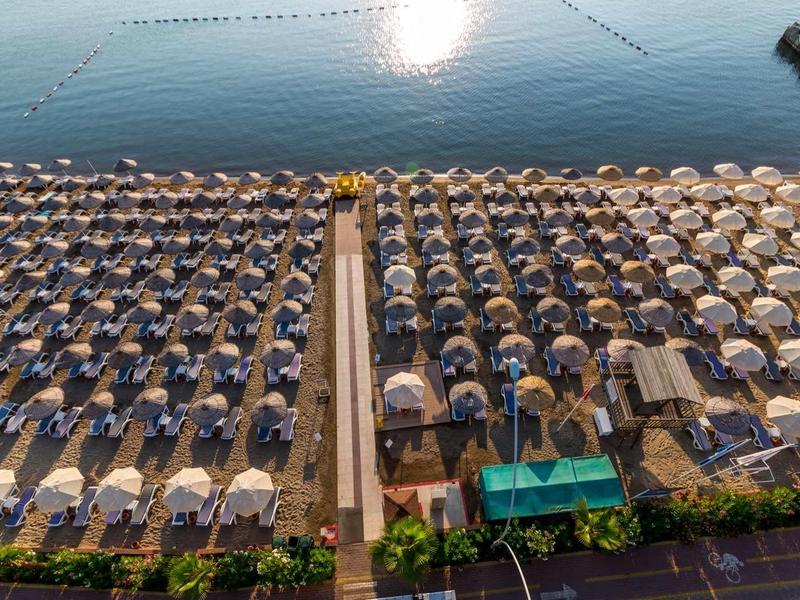 Widok z lotu ptaka na plażowe strefy z licznymi parasolami i leżakami nad wodą.