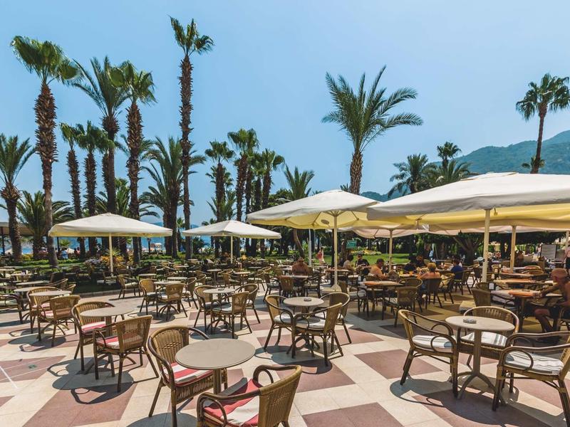 Duży taras z stołami, krzesłami i parasolami obok palm i gór.