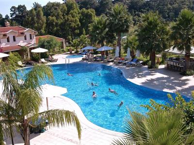 Großer, frei geformter Pool mit blauem Wasser, umgeben von Palmen und Liegestühlen in einer Gartenanlage.