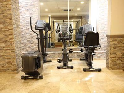 Fitnessraum mit verschiedenen Trainingsgeräten vor Spiegelwand in hellem Ambiente.