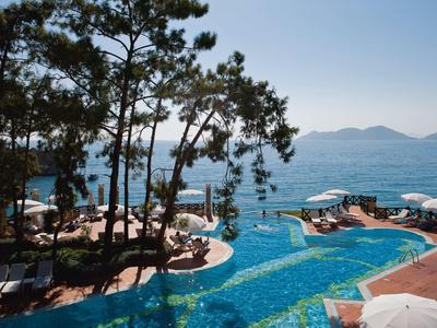 Schwimmbad mit türkisblauem Wasser, umgeben von Sonnenschirmen, Liegen und hohen Kiefern am Meer.
