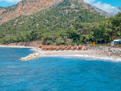 Kleiner Sandstrand mit klarem blauem Wasser vor bewaldetem Hügel.