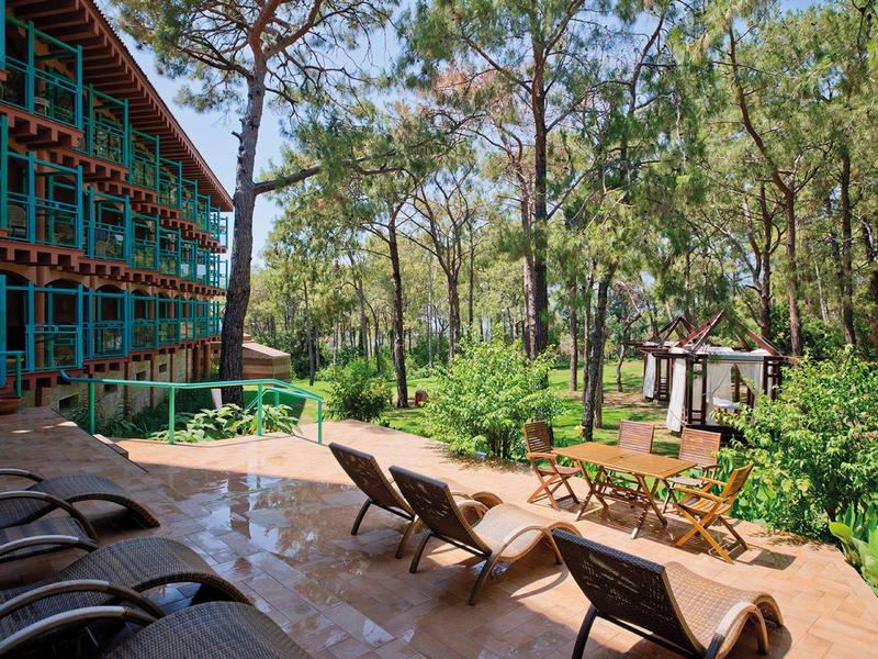 Blick auf einen Balkon mit Liegestühlen, dahinter ein Wald und ein mehrstöckiges Gebäude in Grün und Rot.