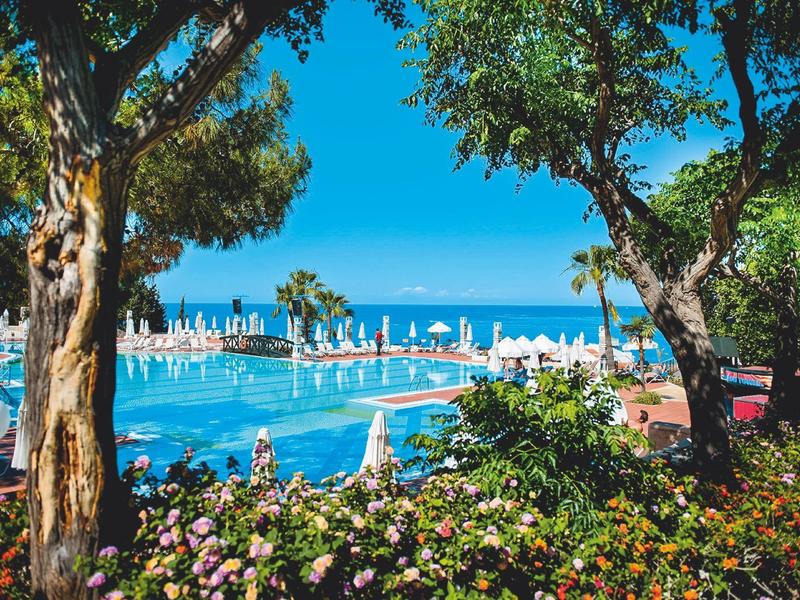 Blick durch grüne Bäume und bunte Blumen auf einen großen Pool mit weißen Sonnenschirmen.