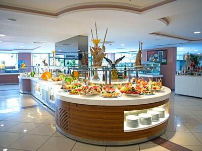 Bright buffet with a variety of dishes in a modern designed hotel restaurant.