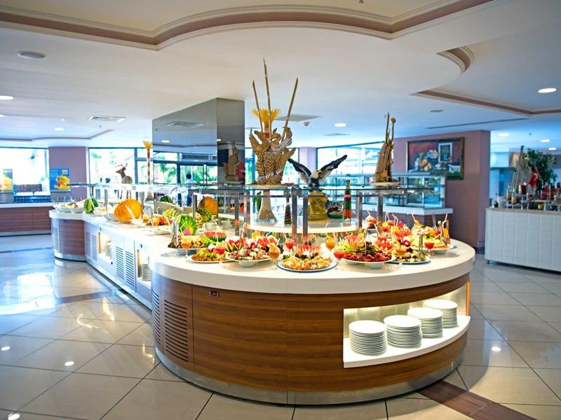 Bright buffet with a variety of dishes in a modern designed hotel restaurant.