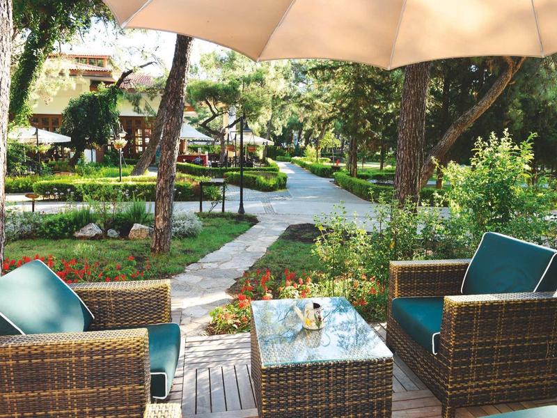 Gemütliche Gartensitzecke mit Rattanmöbeln, grüner Bepflanzung und Sonnenschirm im Park.