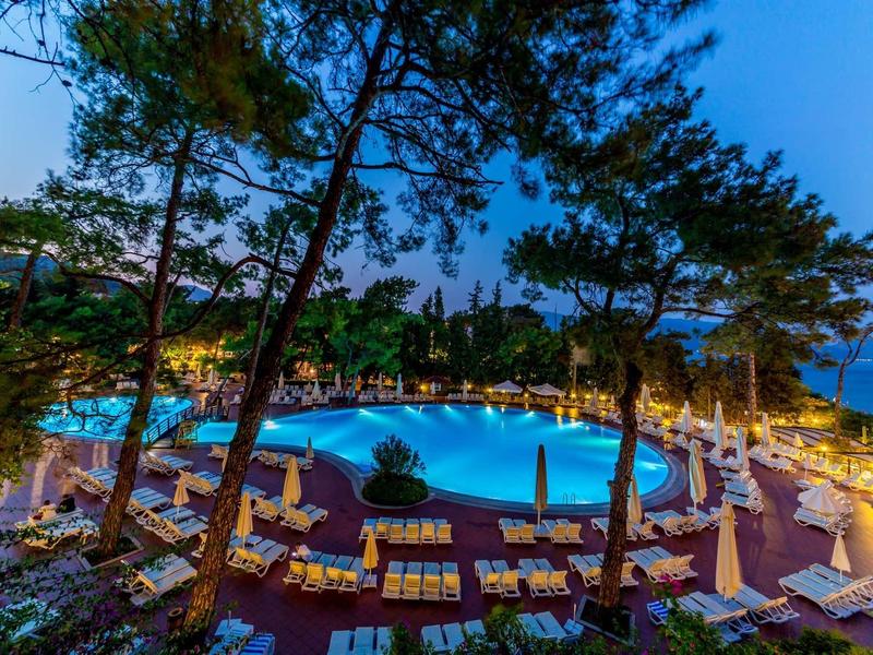 Beleuchteter Pool mit Liegen und Sonnenschirmen, umgeben von hohen Kiefern bei Abenddämmerung.