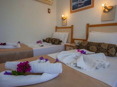 Hotel room with two beds, white towels, and purple flowers as decoration.