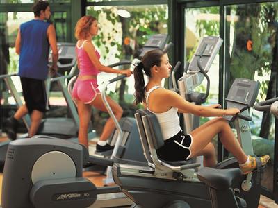Three people working out on different gym machines by large windows.