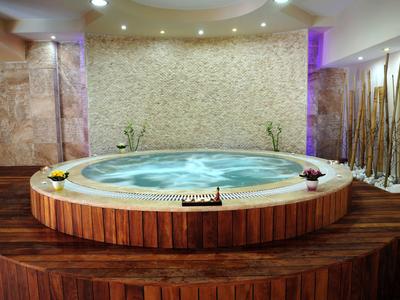 Bain à remous circulaire avec encadrement en bois et éclairage décoratif dans une salle de spa.