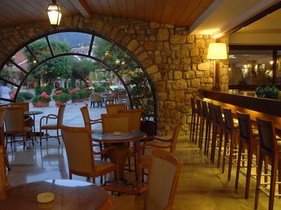 Bar d'hôtel confortable avec comptoir en bois, tabourets hauts et terrasse extérieure avec tables rondes.