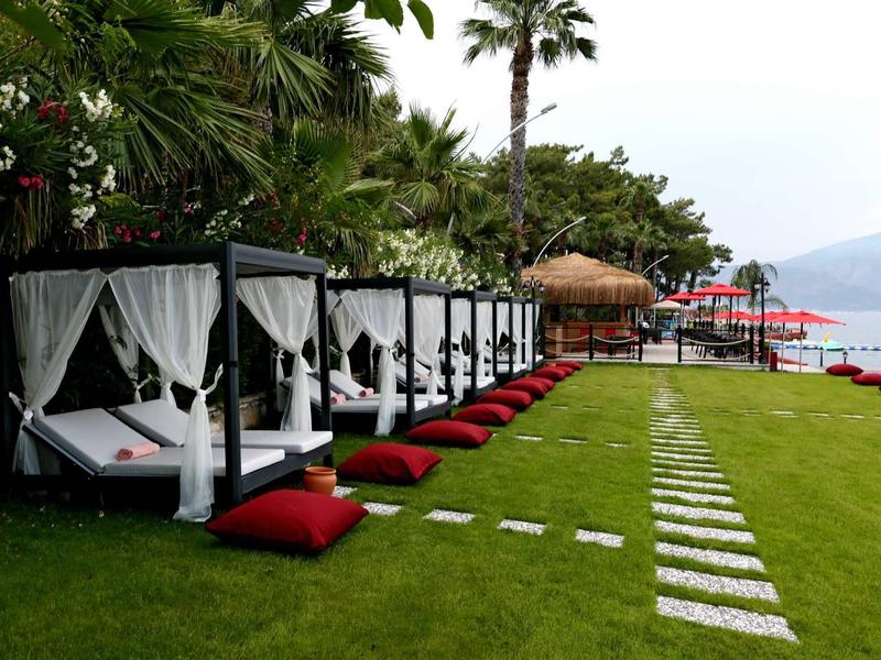Pradera verde con sofás lounge en negro y blanco con cojines rojos junto a palmeras en la playa.